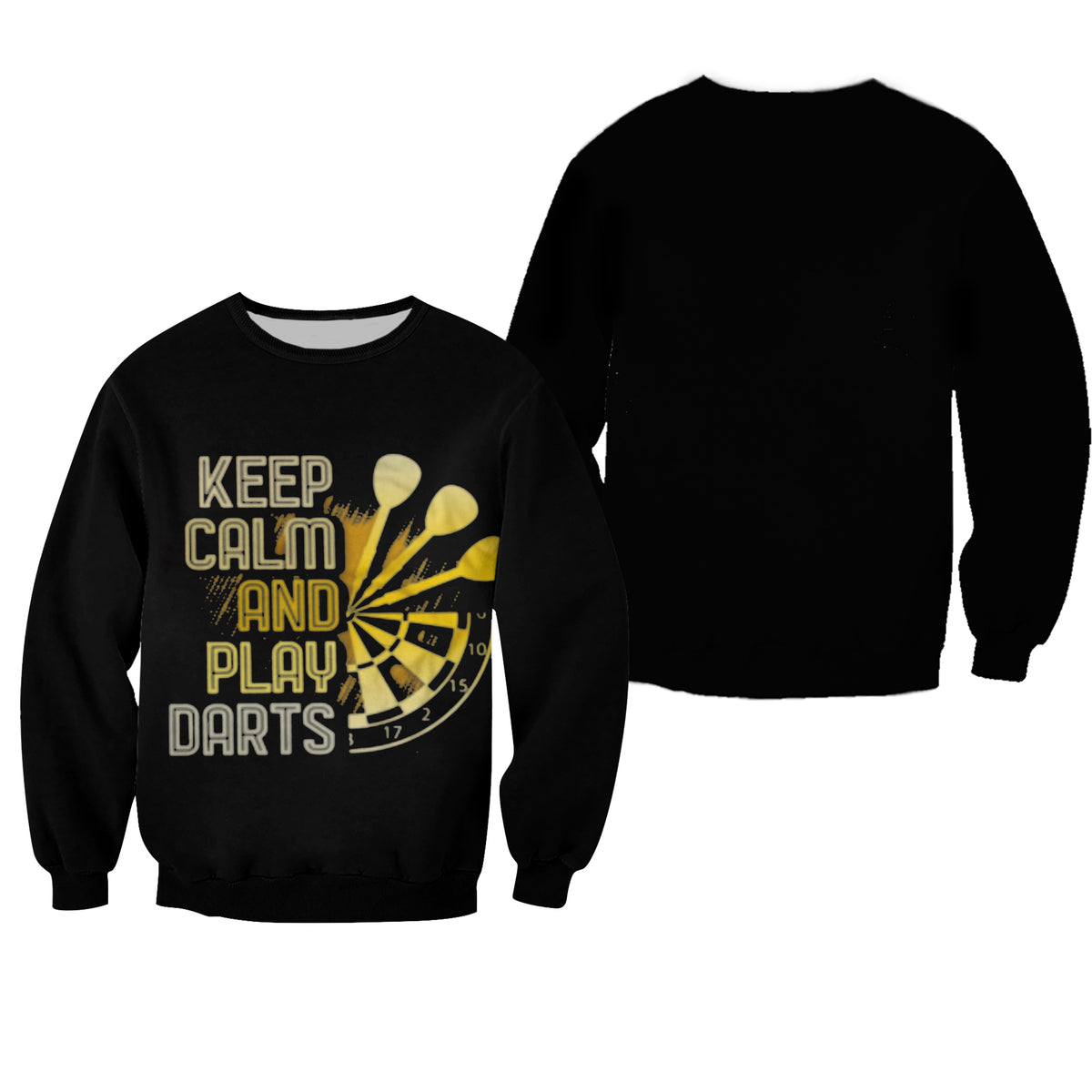 Black darts sweatershirt, crewneck pullover with yellow dart graphic on front.