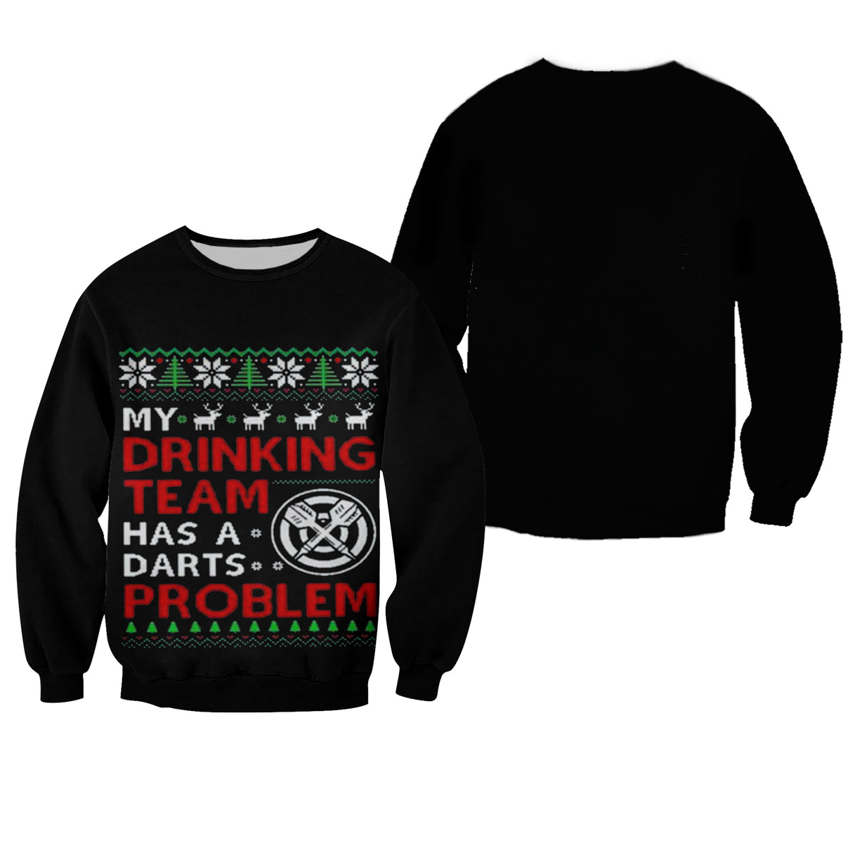 Black crewneck sweater with colorful Christmas darts drinking graphic and fair-isle border pattern