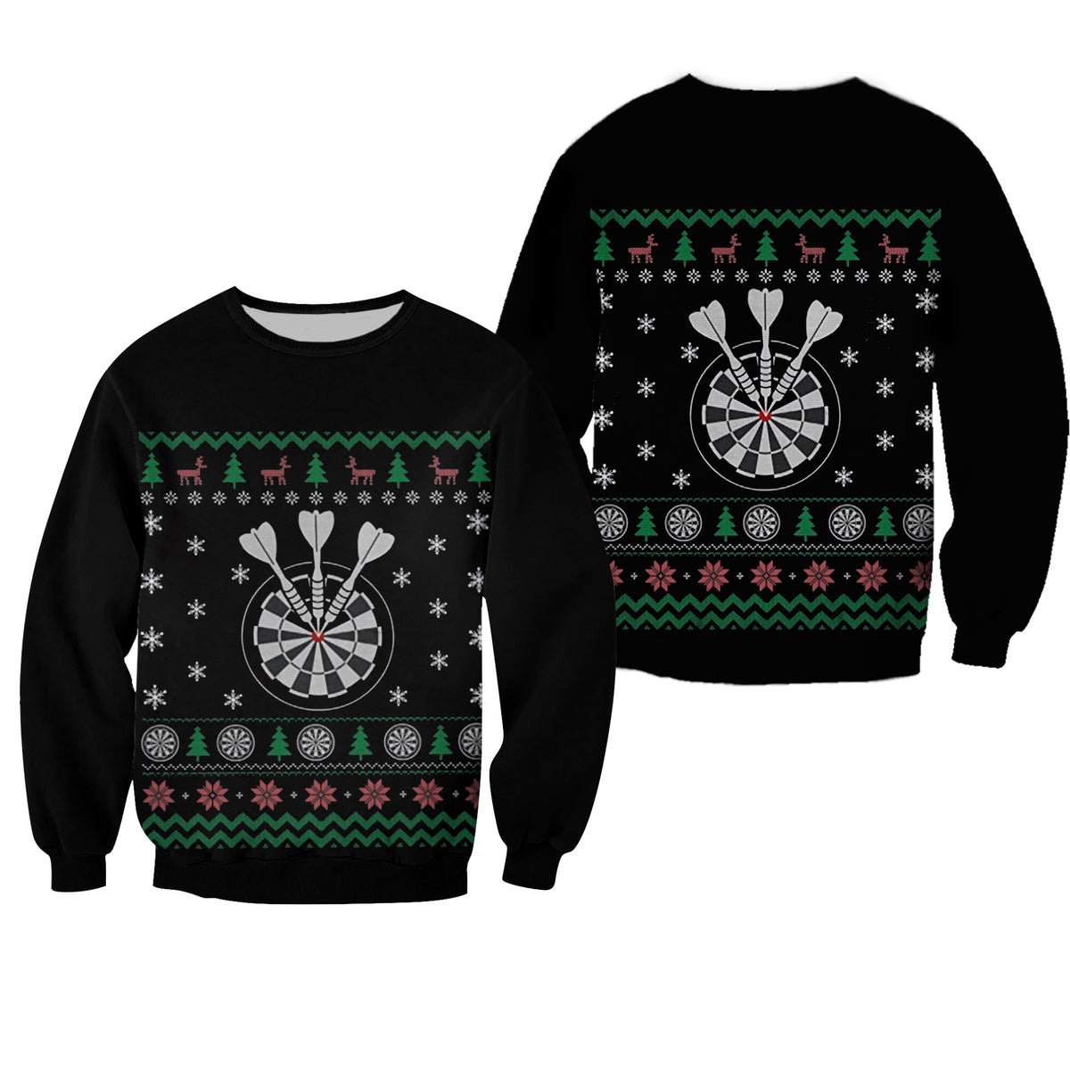Black unisex Christmas sweater with dartboard graphic, snowflakes, fir trees, and reindeer