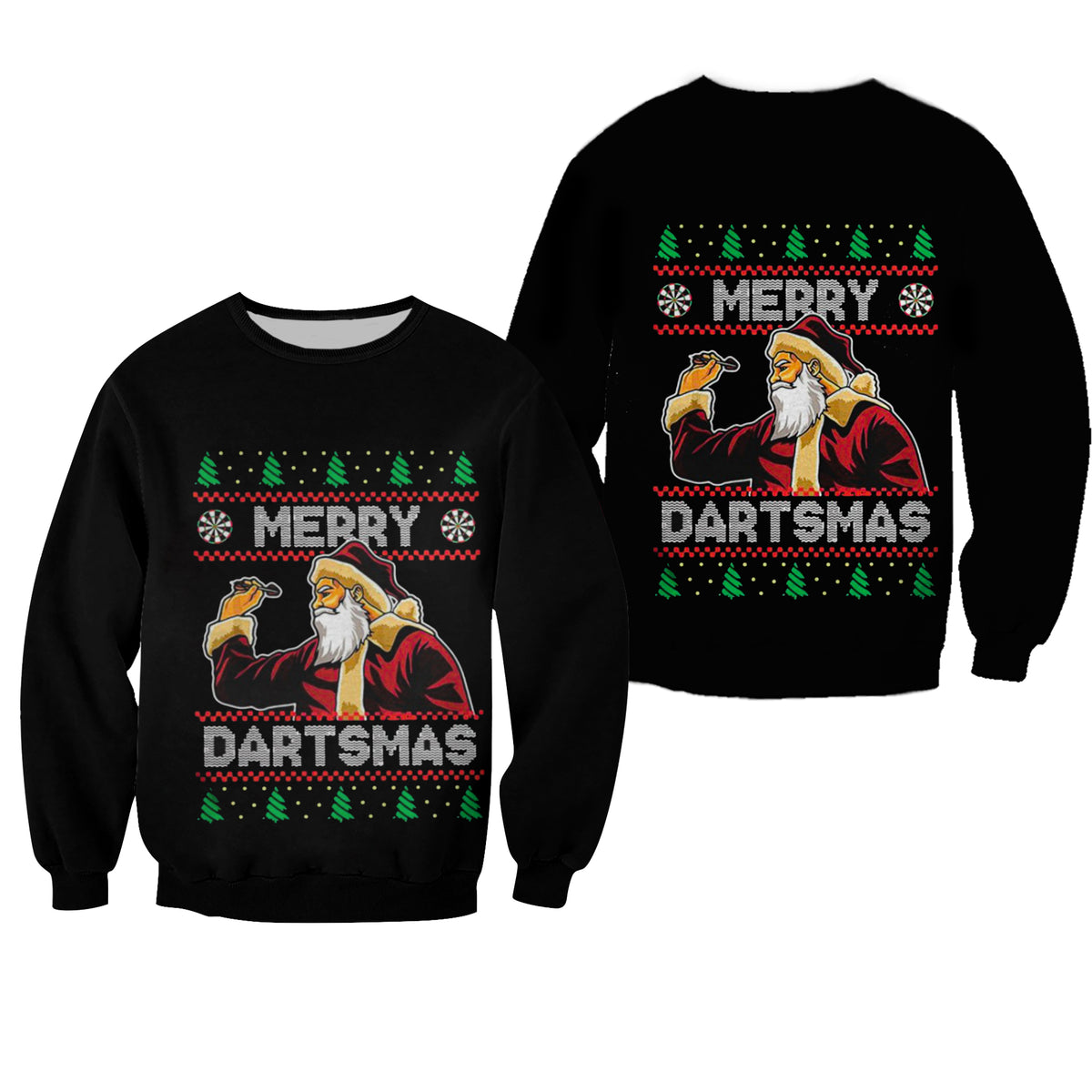 Black unisex crewneck sweatshirt with Santa and 'DARTSMAS' holiday graphic