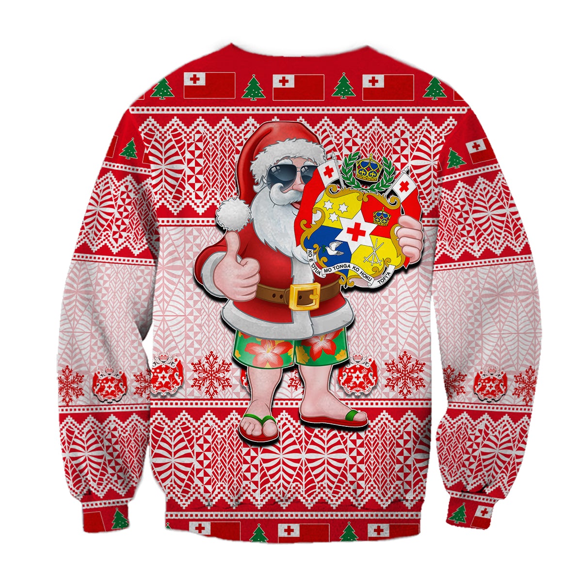 Red Christmas sweatshirt with Santa holding shield graphic and fair-isle snowflake pattern.