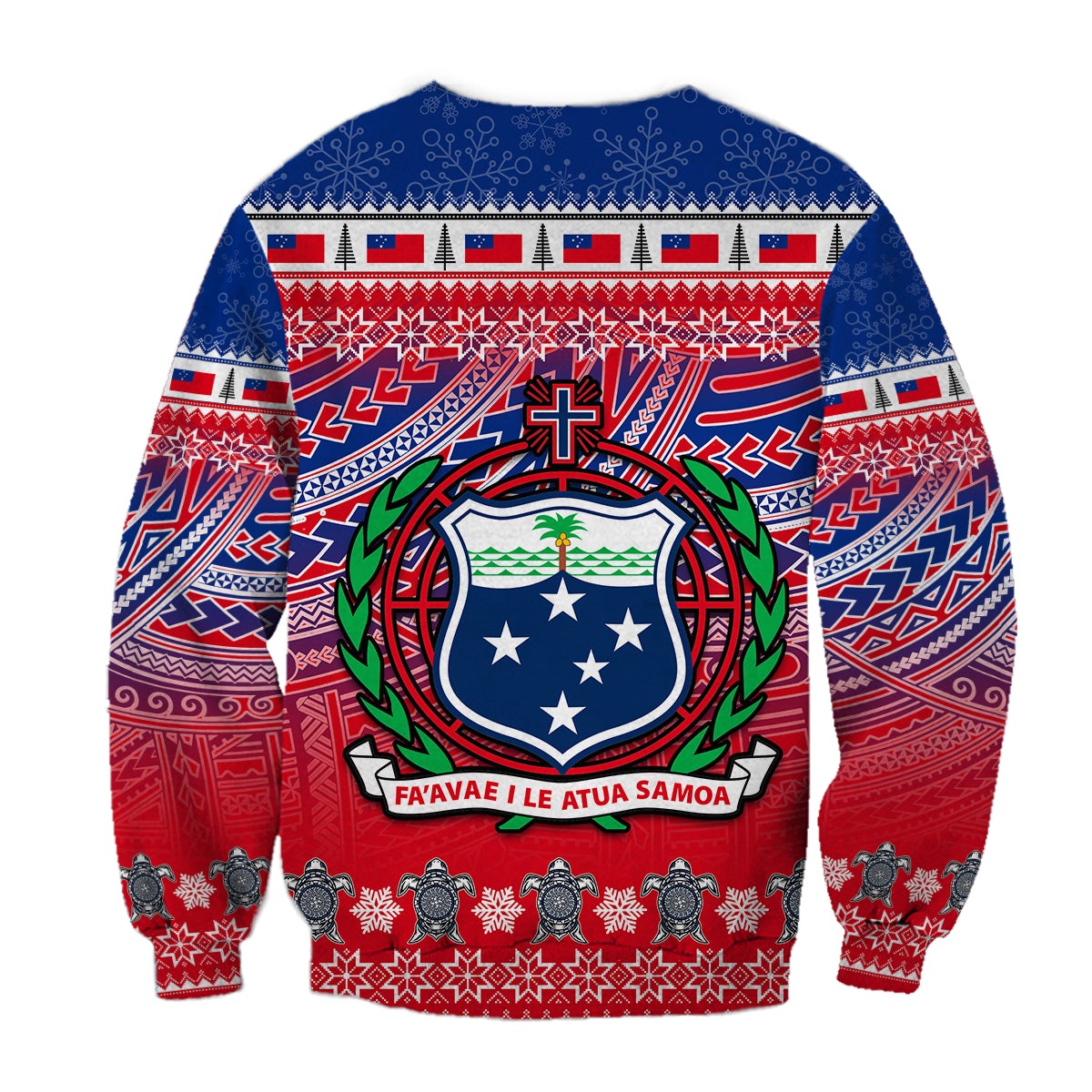 Red/blue sweatshirt design with Samoan Christmas crest shield, laurel and motto
