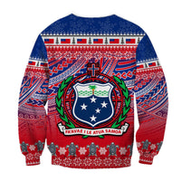 Red/blue sweatshirt design with Samoan Christmas crest shield, laurel and motto