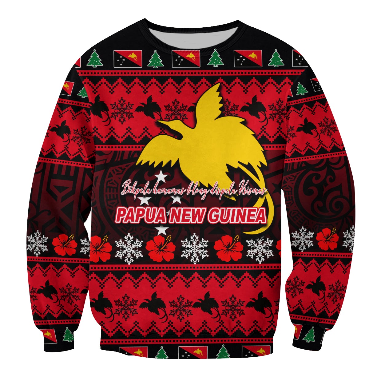 Red Christmas sweatshirt with large yellow bird graphic and Papua New Guinea text