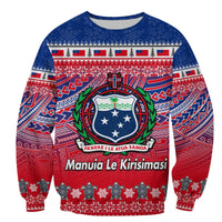 Red/blue crewneck sweatshirt with Samoan Christmas shield graphic, 'Manuia Le Kirisimasi'