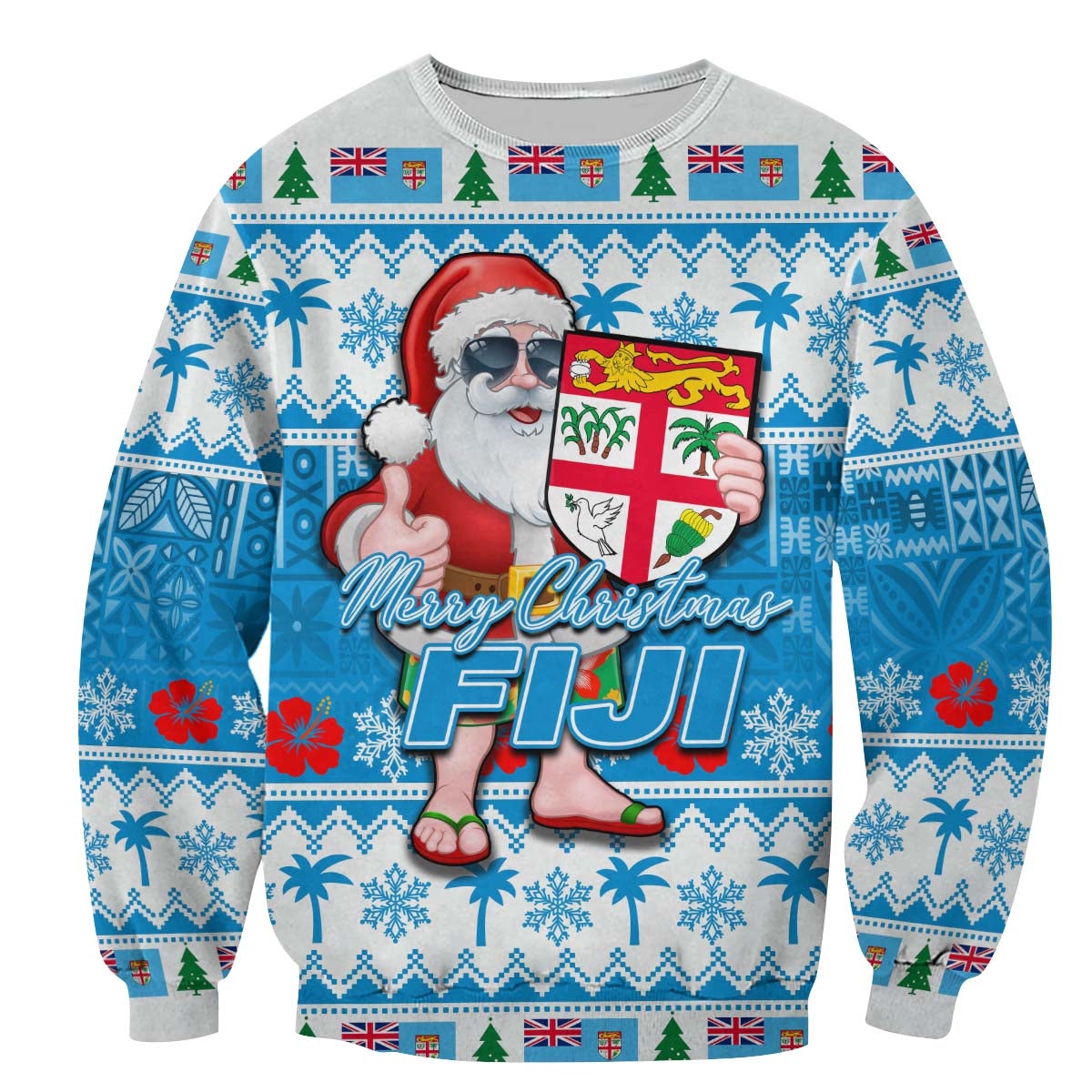Blue Christmas sweatshirt with Santa holding Fiji flag and 'Merry Christmas FIJI' print