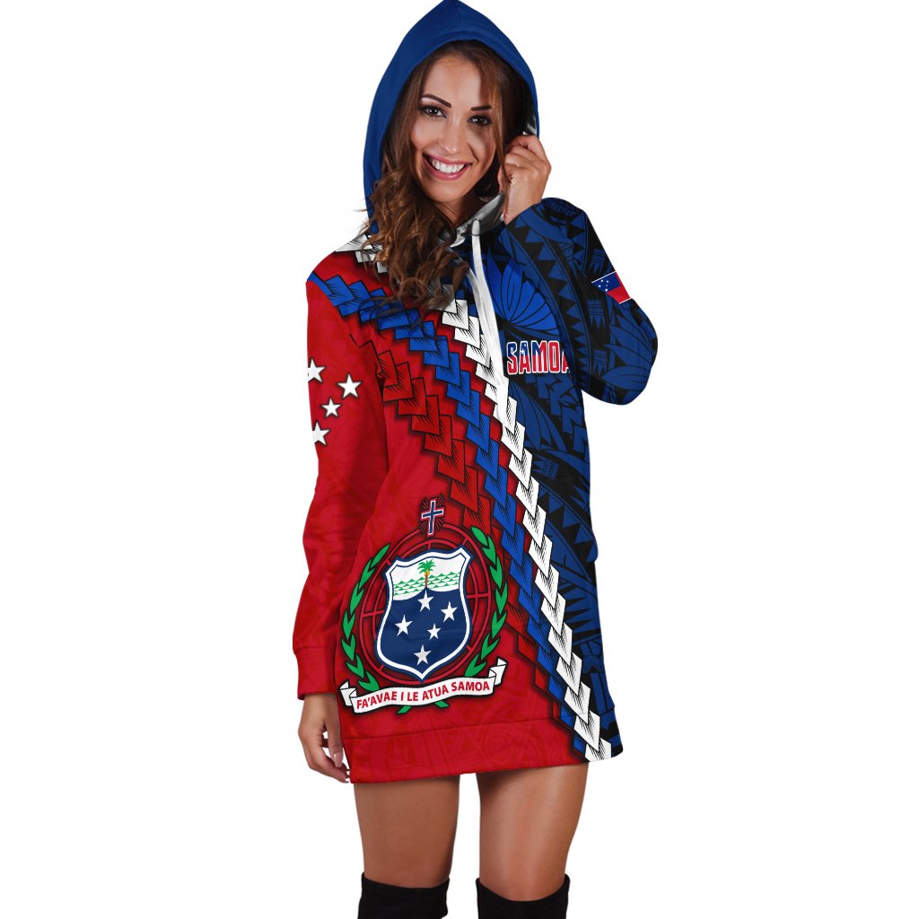 Samoa Polynesian hoodie dress, hood up, red-and-blue tribal print with crest logo