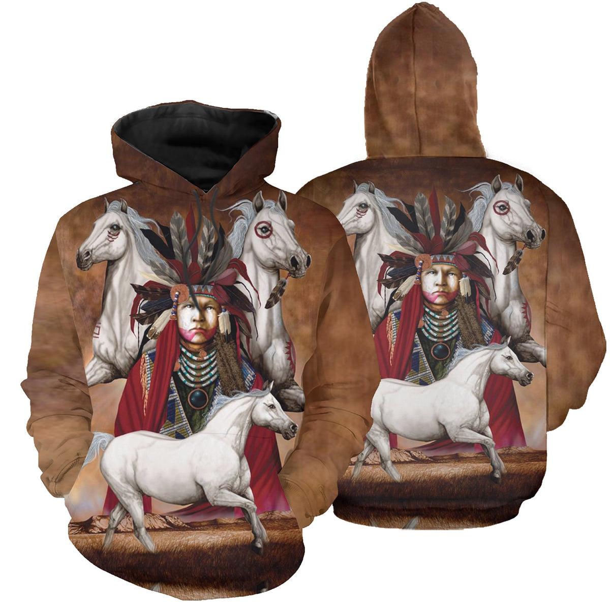Multicolor all-over chief Native American pullover hoodie with horse and headdress print