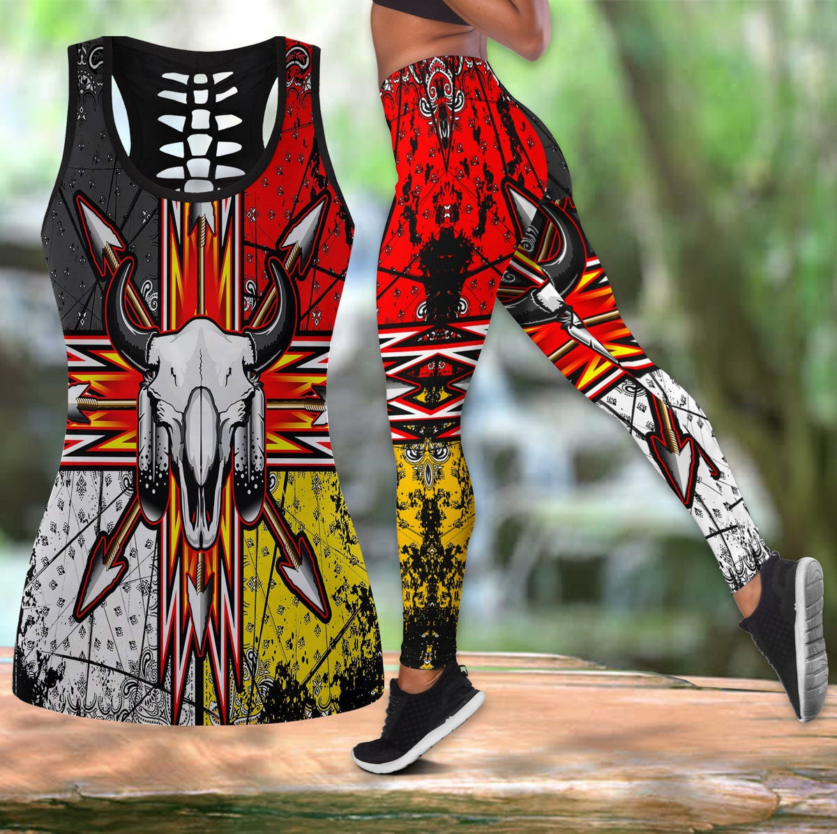 Bison arrow native tank top & leggings set, multicolored tribal print
