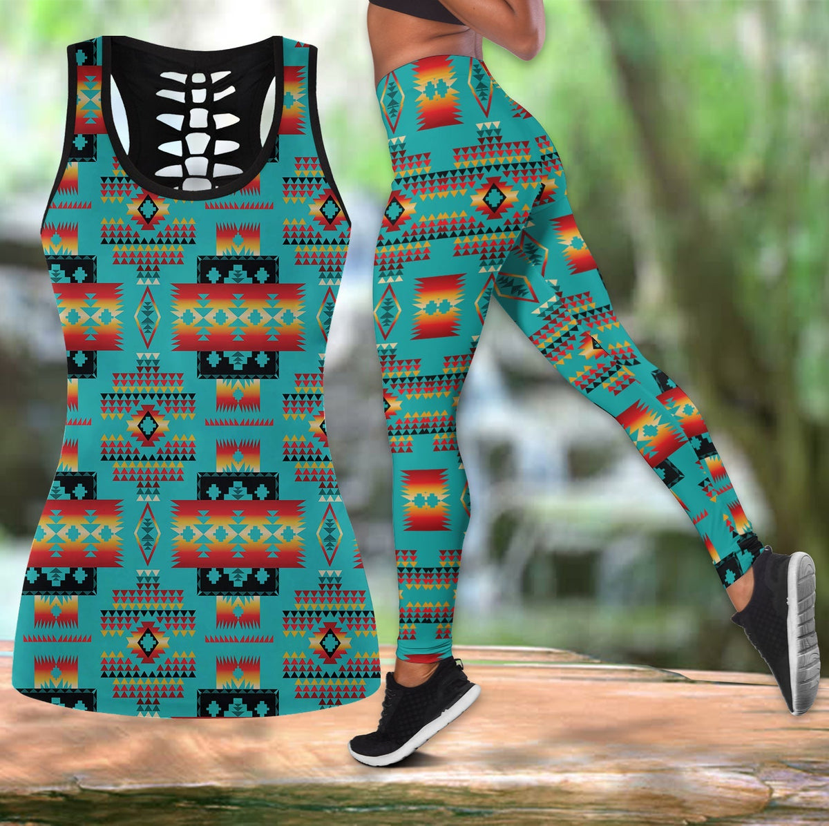 Multicolor Southwest symbol tank top and leggings set