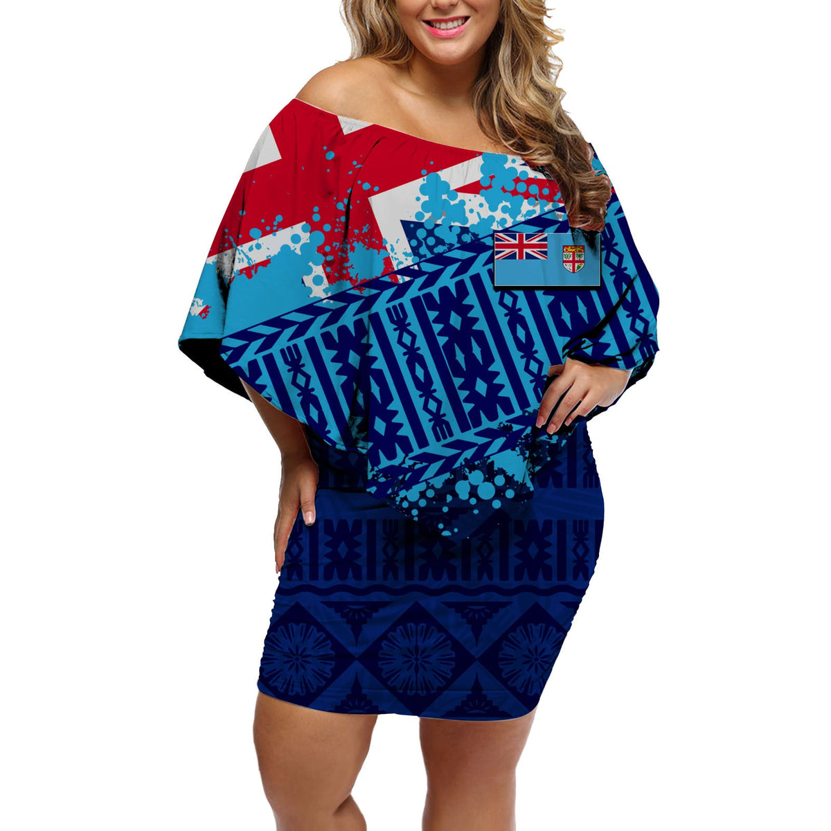 Off-shoulder short dress, blue tropical graphic print, loose elbow sleeves