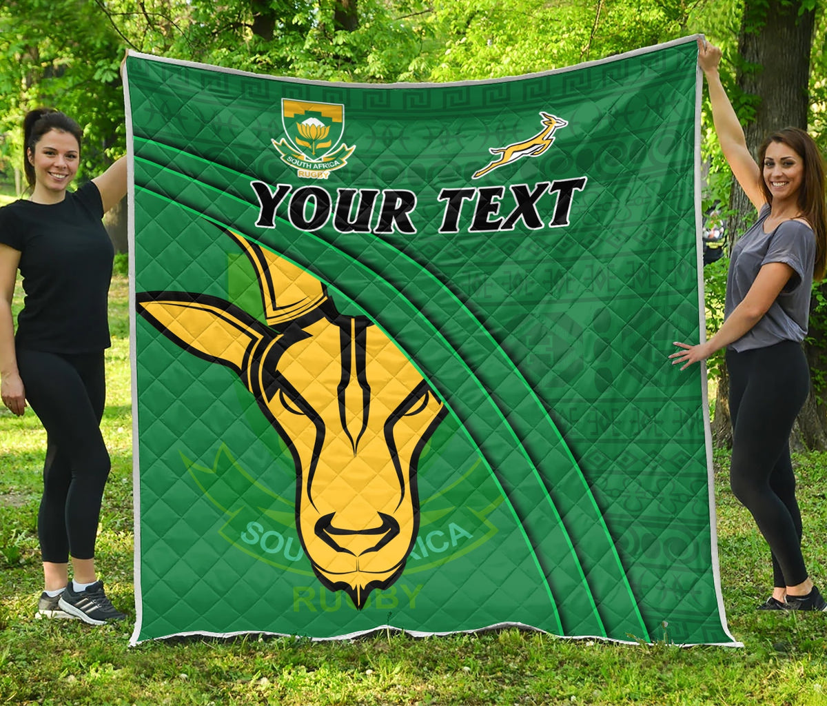 Grüne Rugby-Quilt mit Springbok-Logo, afrikanischem Muster, „YOUR TEXT“