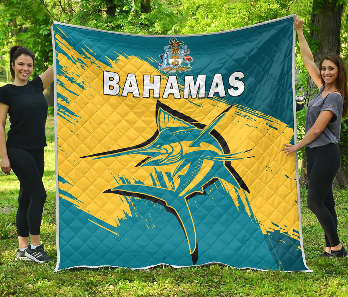 Bahamas quilt with blue marlin, yellow/blue quilted pattern and coat of arms