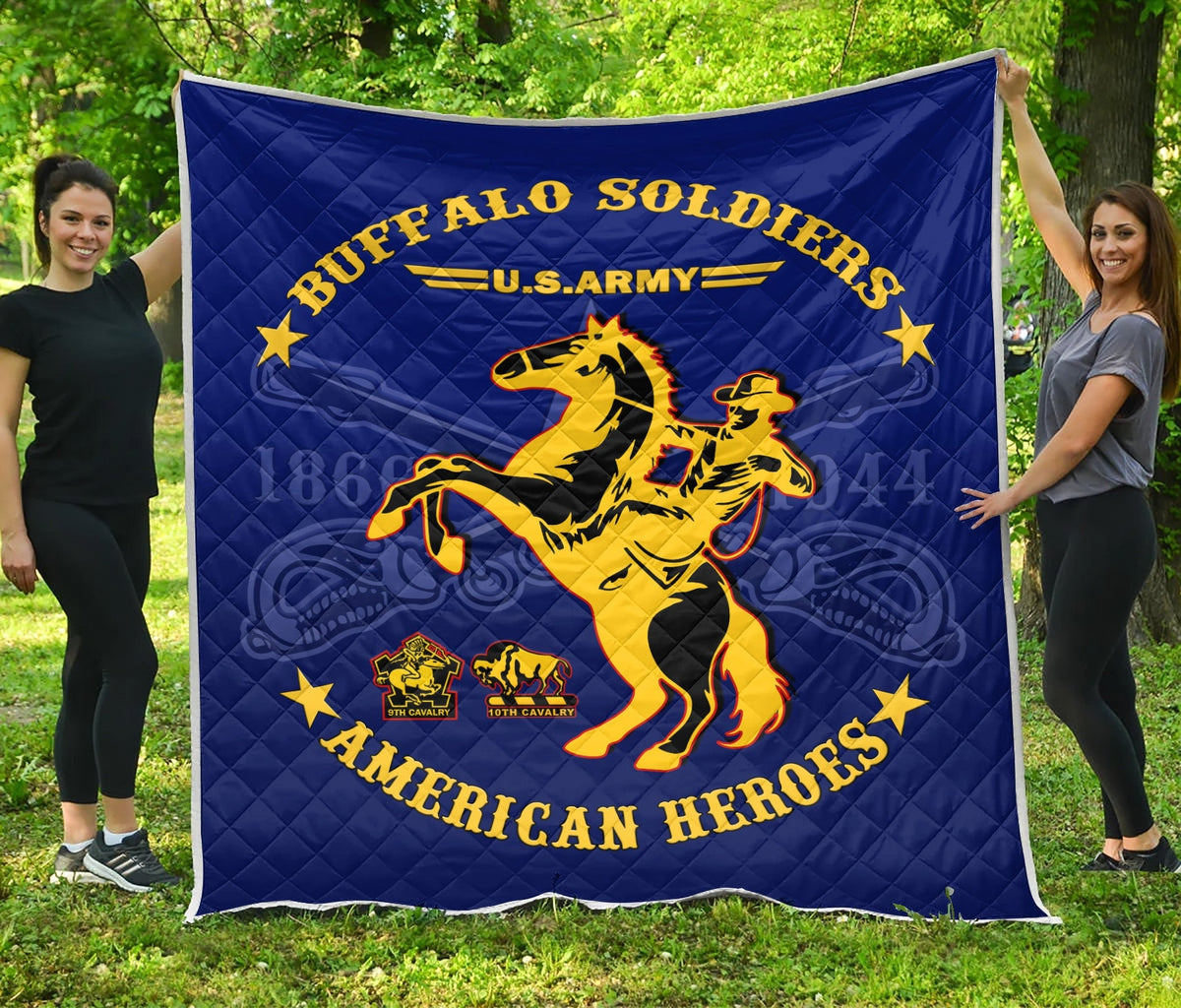 Blue quilt with buffalo soldier horse emblem, stars, and “AMERICAN HEROES” text