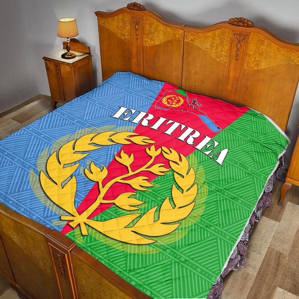 Red, blue & green Eritrea flag quilt with map outline and gold laurel tree
