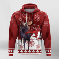 Red pullover hoodie front with moose wearing scarf, Merry Christmas text, snowflakes