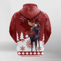 Red pullover hoodie back with moose and winter birds on antlers, snowflakes, pine trees