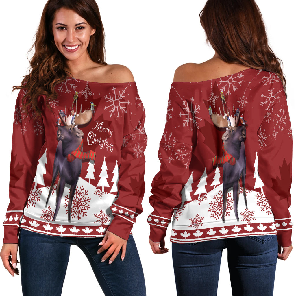 Roter Off-Shoulder-Pullover, Vorder- und Rückansicht mit Elch- und Baum-Print