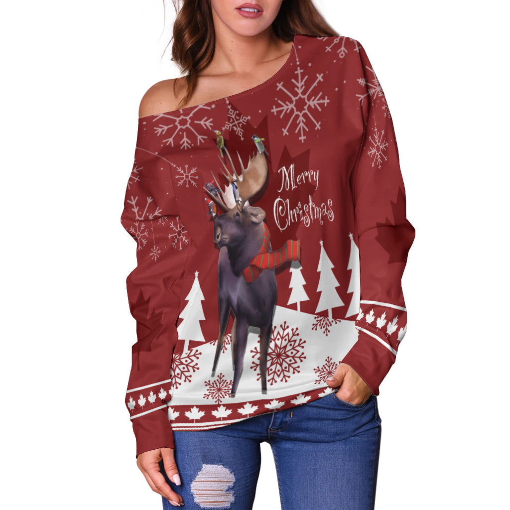 Roter Off-Shoulder-Pullover mit Elchmotiv, Schneeflocken und „Merry Christmas“