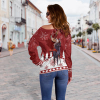 Roter Off-Shoulder-Pullover, Winter-Elchmotiv mit Schneeflocken, Damen