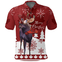 Red polo shirt with moose and winter birds graphic, Merry Christmas lettering