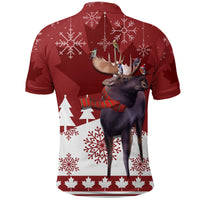Red polo shirt back print with moose wearing scarf and winter trees/snowflakes