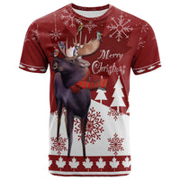 Red Christmas T-shirt with deer and birds graphic, snowflakes, “Merry Christmas” text