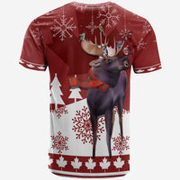 Back view of red Christmas T-shirt with deer, birds, snowflakes, and tree icons graphic