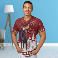 Adult red Christmas T-shirt front with deer head graphic, birds, and snowflake patterns