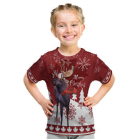 Maroon kids T-shirt with reindeer, snowflakes and 'Merry Christmas' print
