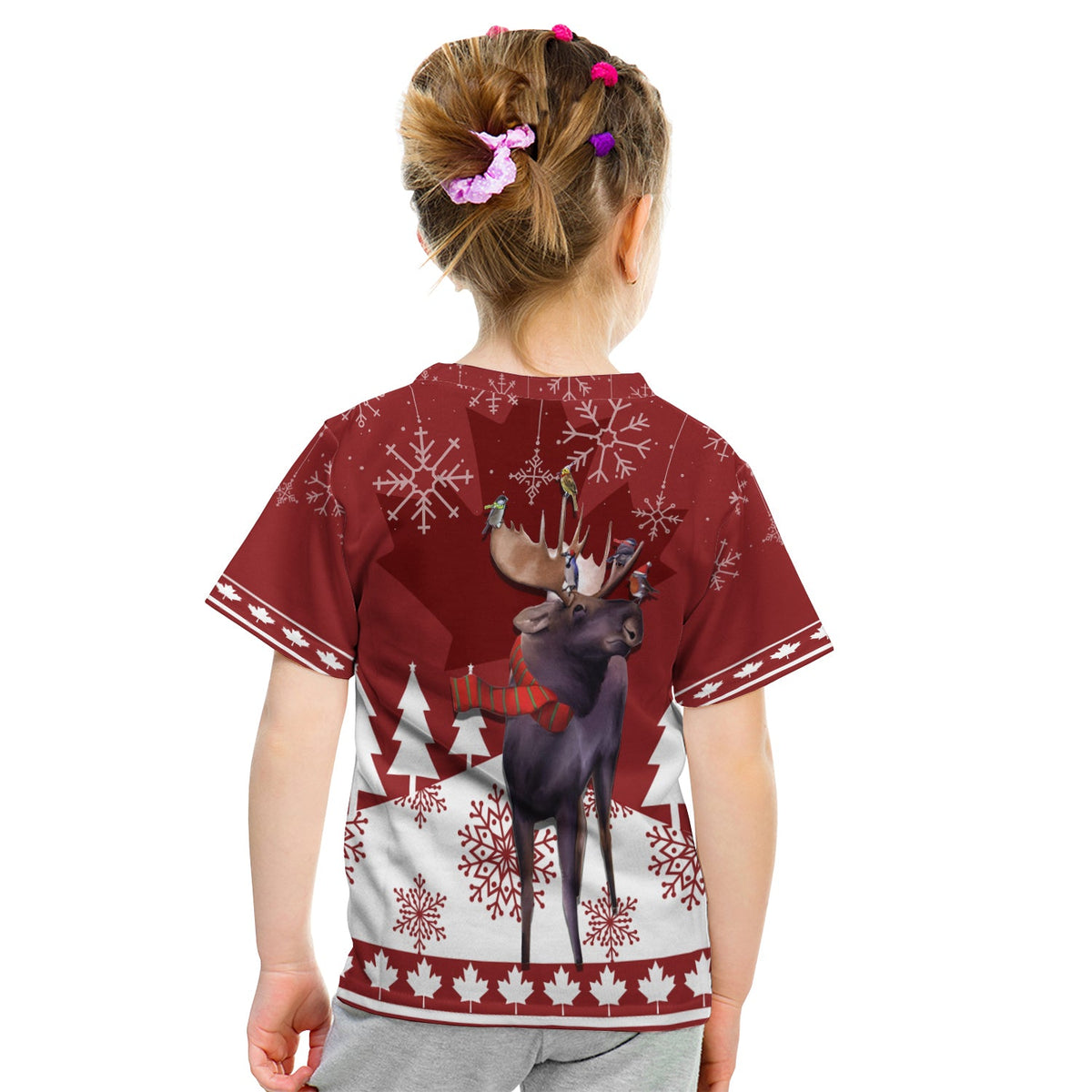 Back view maroon kids T-shirt with reindeer and festive snowflake pattern