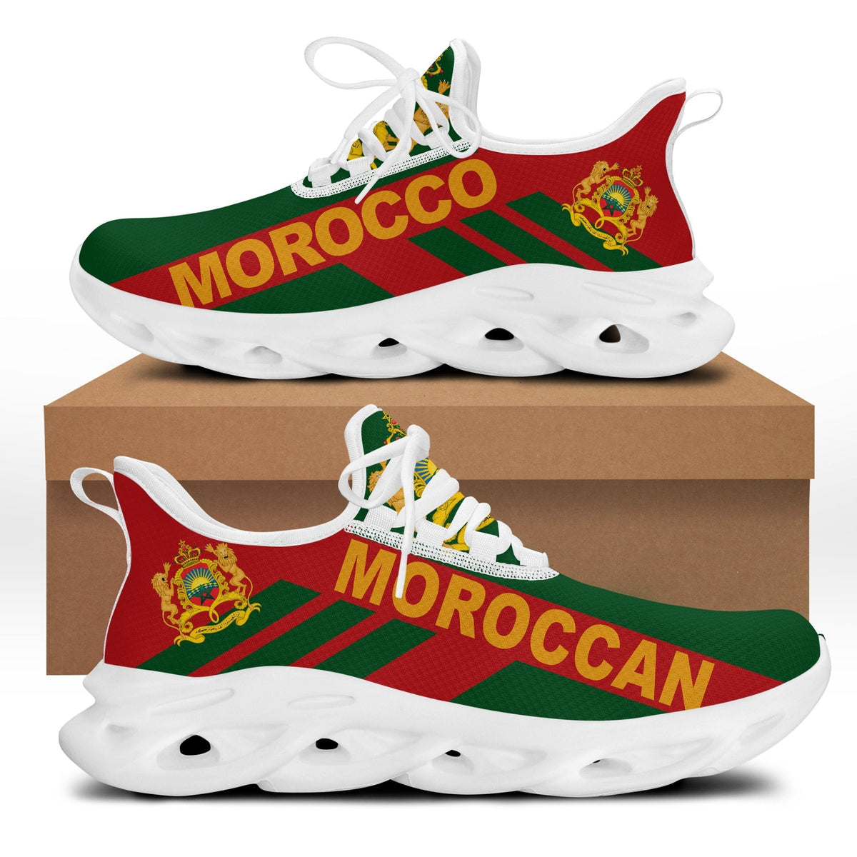 Morocco stripe clunky sneakers, lace-up, green red yellow print, white sole