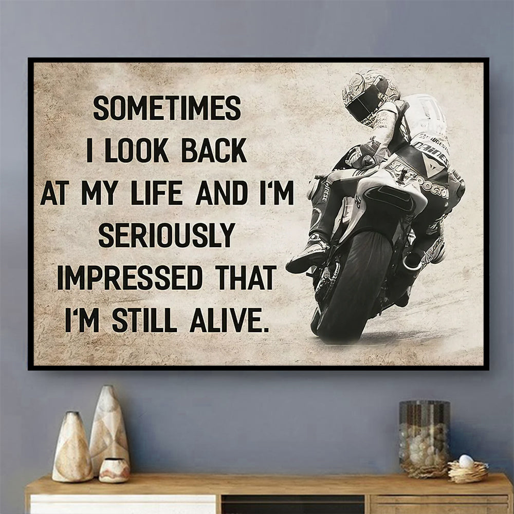 Framed horizontal motorcycle quote poster with rider on bike and bold black text
