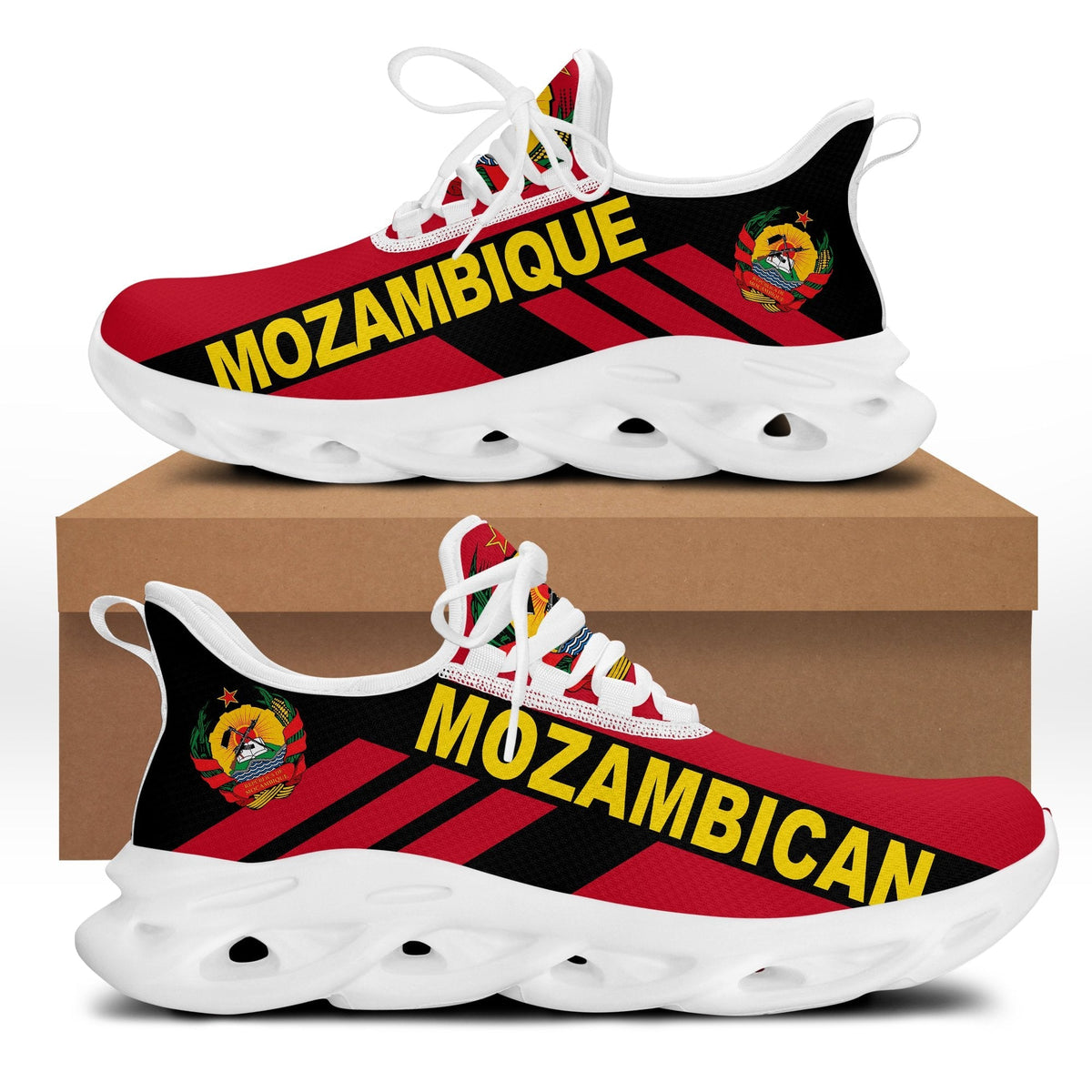 Mozambique stripe clunky sneakers, red/black upper, white sole, lace-up