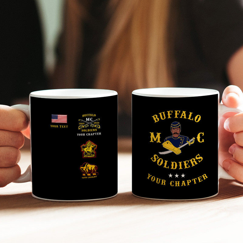 Black 11oz mug with Buffalo Soldiers BSMC logo and custom text, Original style