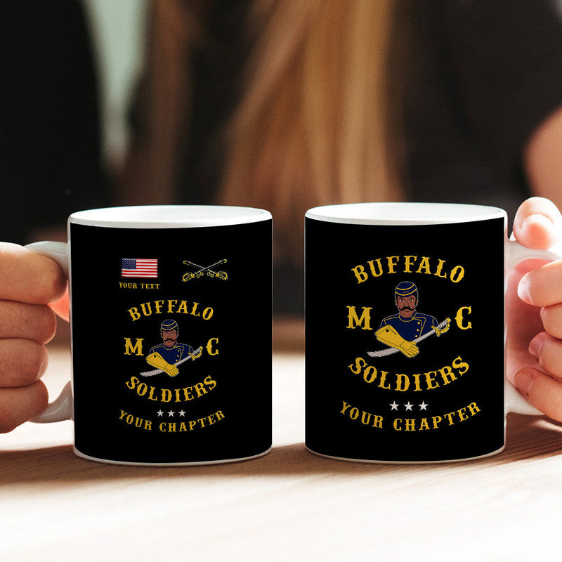 Black 11oz mug with Buffalo Soldiers graphic and custom text area
