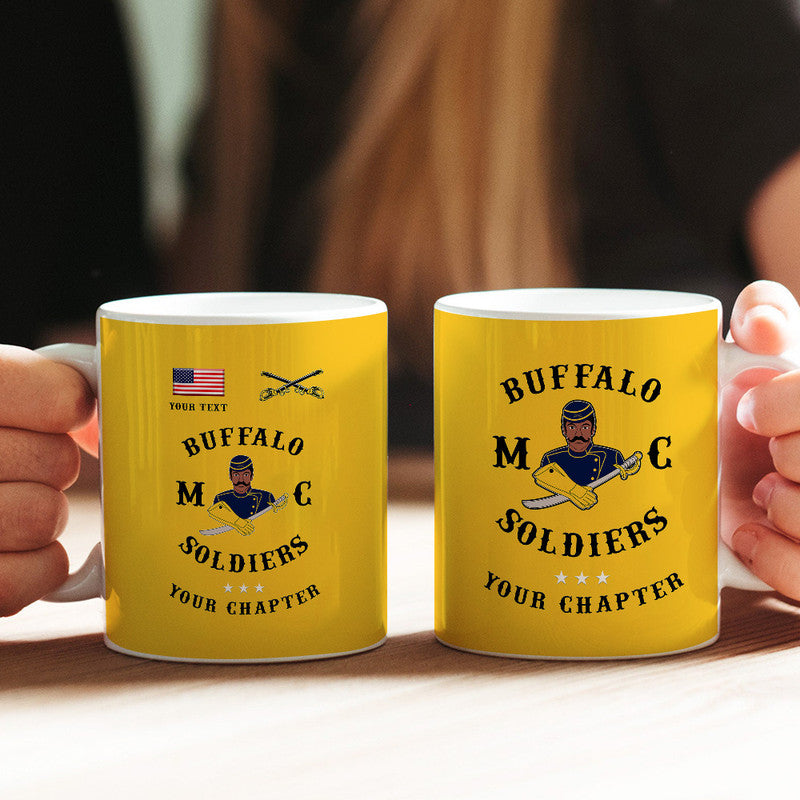 Gold 11oz mug: Buffalo Soldiers logo, soldier with rifle, text Your Text & Your Chapter