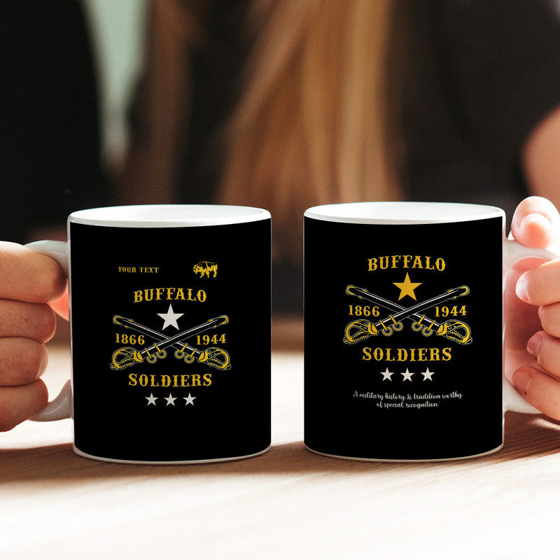 Black 11oz Buffalo Soldiers mug with gold text, 1866–1944, star and crossed rifles