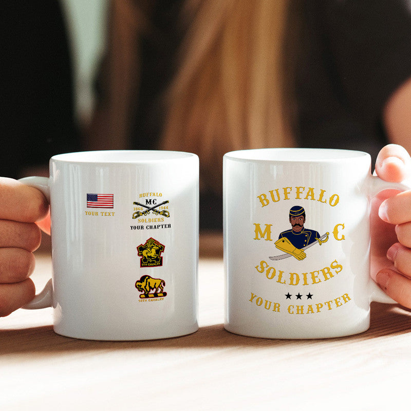 White 11oz mug with “Buffalo Soldiers” emblem and custom text, original style