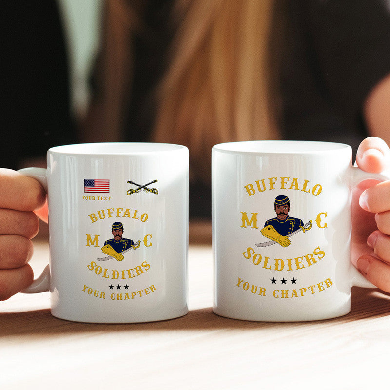 White 11oz mug with Buffalo Soldiers logo, soldier holding rifle, 'YOUR CHAPTER' text