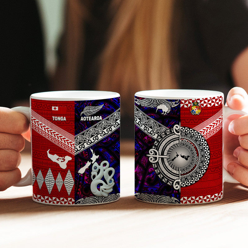 Purple 11oz mug with TONGA and AOTEAROA patchwork design