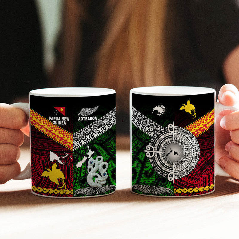 Green 11oz mug set, New Zealand Aotearoa and Papua New Guinea designs on white ceramic