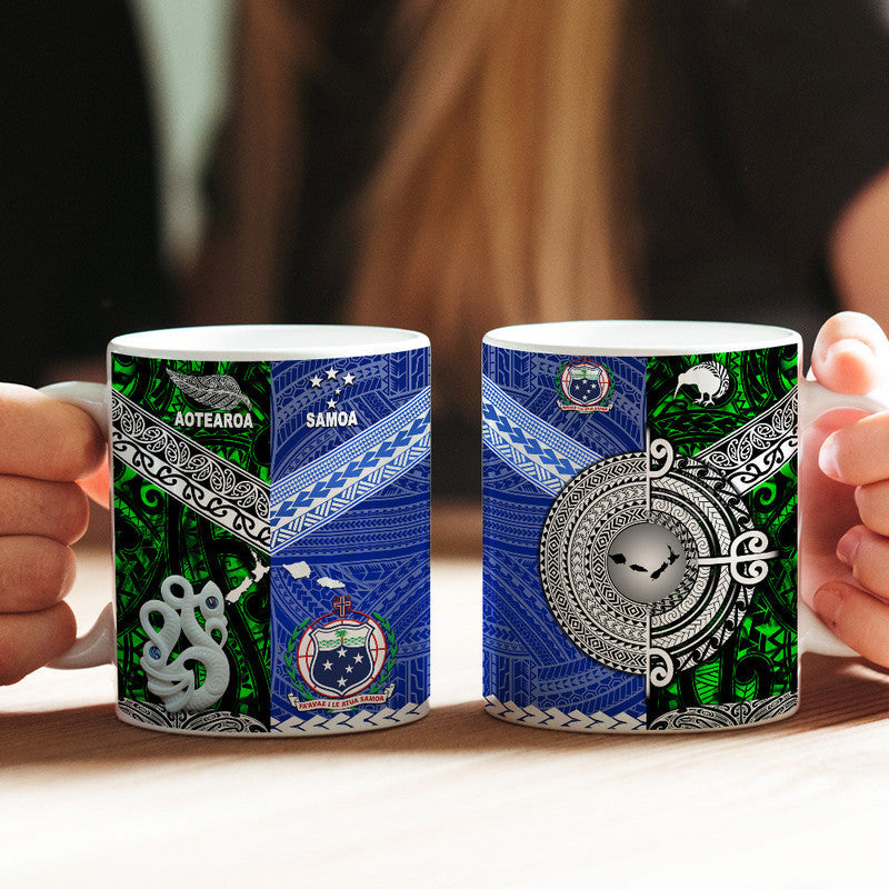 Green 11oz mug pair with New Zealand Aotearoa and Samoa map and tribal patterns