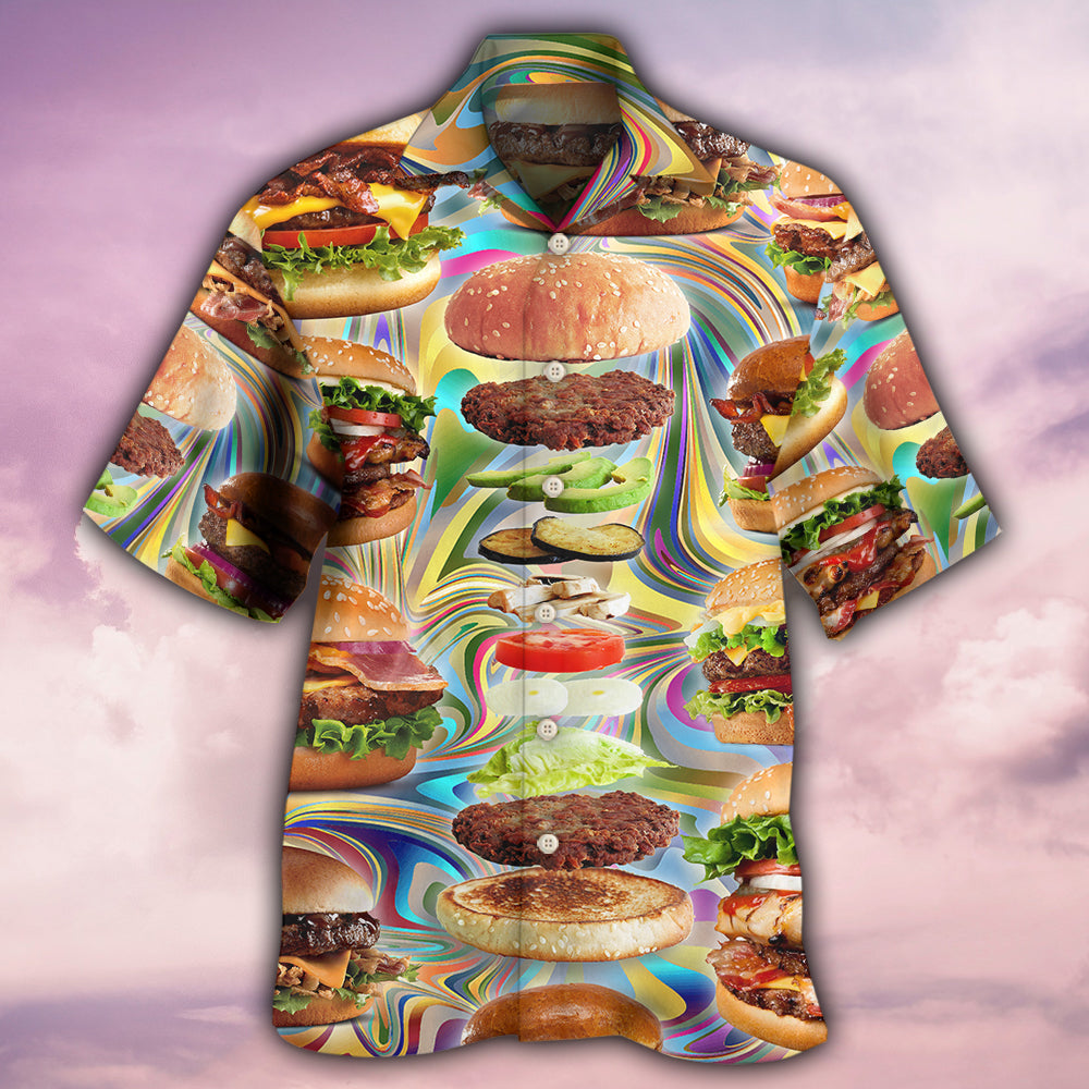 Burger print Hawaiian button-up shirt with short sleeves and pointed collar, multicolor