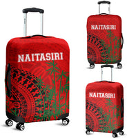 Red luggage cover with tapa pattern, NAITASIRI text, wheels and handle cutouts