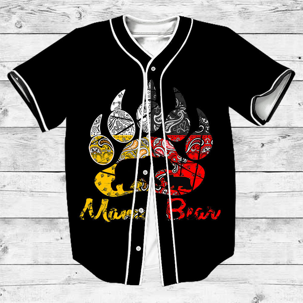 Black baseball jersey with white trim and multicolor bear graphic, front button placket