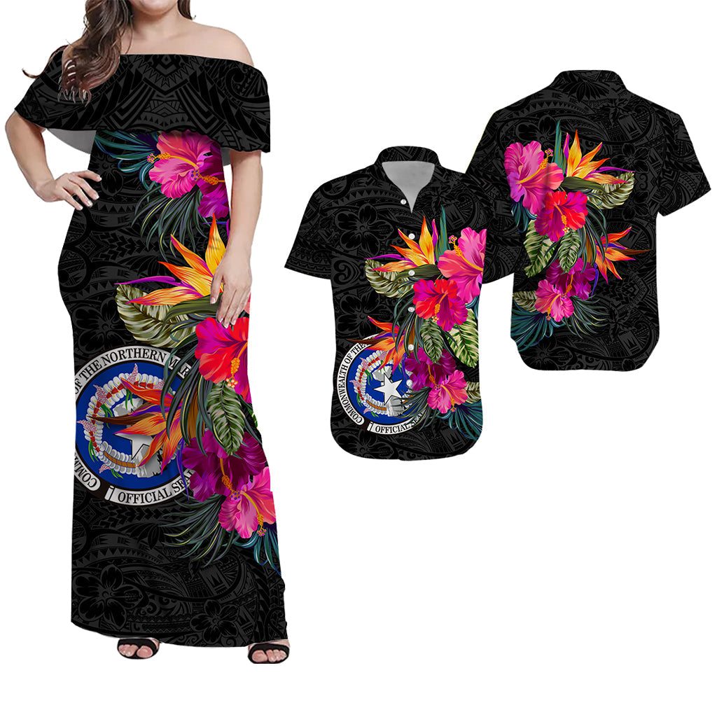 Black tropical hibiscus off-shoulder maxi dress with matching short-sleeve shirt