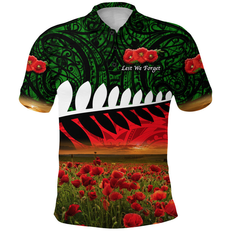 New Zealand Maori ANZAC Polo Shirt Poppy Vibes Green LT8 - Wonder Print Shop