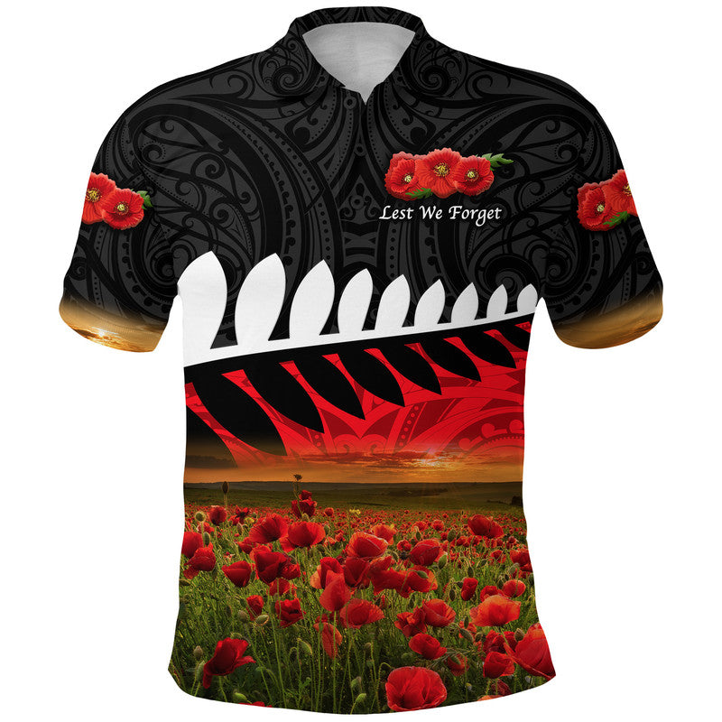 New Zealand Maori ANZAC Polo Shirt Poppy Vibes Black LT8 - Wonder Print Shop