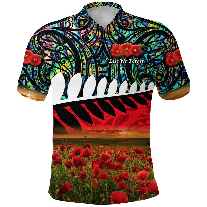 New Zealand Maori ANZAC Polo Shirt Poppy Vibes Paua Shell LT8 - Wonder Print Shop